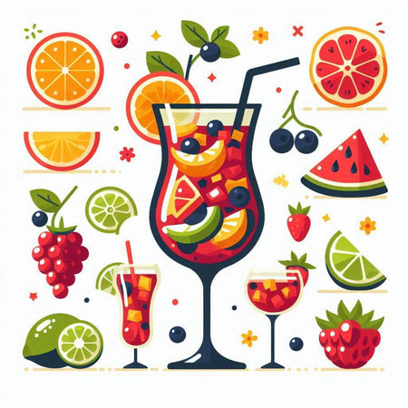 Cocktail flat vector illustration. Alcoholic drink with fruit, berries and leaves.のイラスト素材