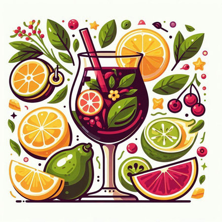 Cocktail with fruits and berries. Colorful vector illustration.のイラスト素材
