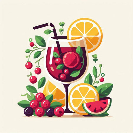 Cocktail with fruits and berries, flat style vector illustration.のイラスト素材