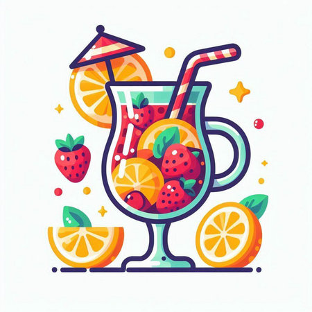 Cocktail with fruits and berries. Vector illustration in flat style.のイラスト素材