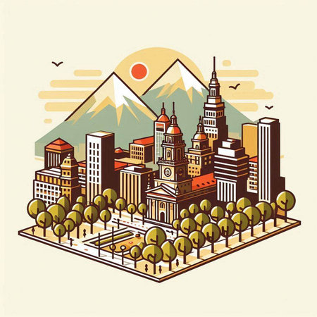 Vector illustration of a city with buildings, trees and mountains in the backgroundのイラスト素材