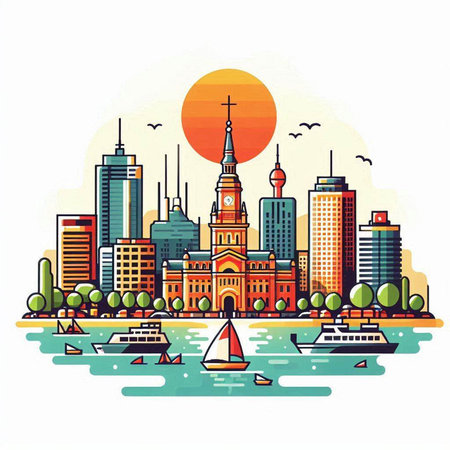 City skyline with buildings and boats. Vector illustration in flat style.のイラスト素材