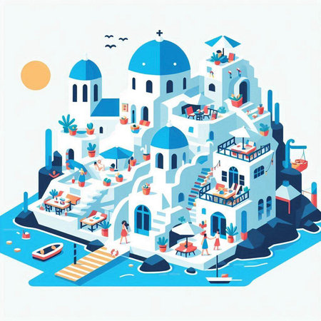 Flat isometric vector illustration of the island of Santoriniのイラスト素材