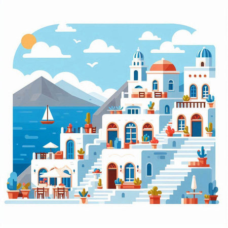 Santorini island, Greece. Flat style vector illustration.のイラスト素材