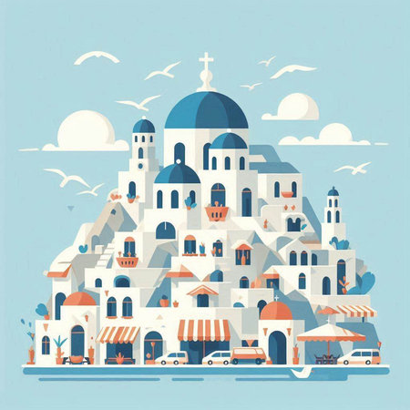 Flat design illustration of a church on Santorini island.のイラスト素材