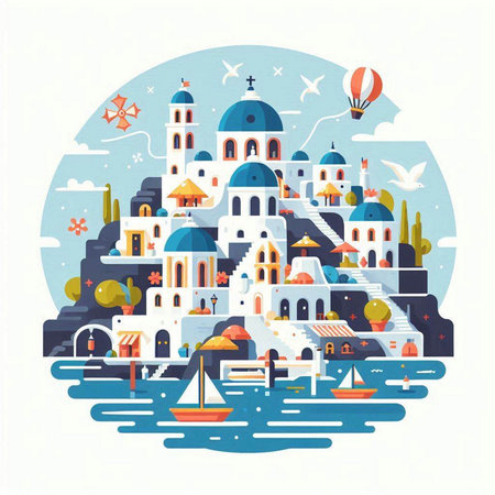 Santorini. Greece. Vector illustration in flat style.のイラスト素材