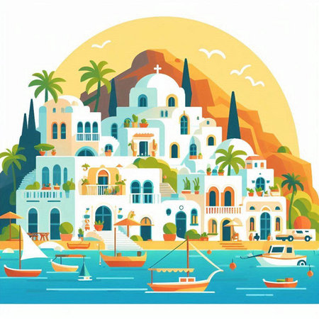 Santorini island, Greece. Vector illustration in flat styleのイラスト素材