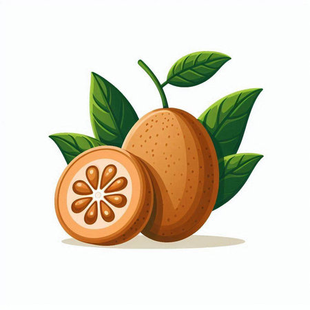Sapodilla with leaves isolated on white background. Vector illustration.のイラスト素材
