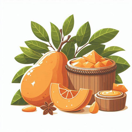 Vector illustration of fresh organic orange fruit in a wooden bowl with slices of ripe orange and leaves.のイラスト素材