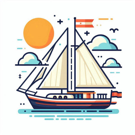 Sailing boat on the sea. Vector illustration in flat style.のイラスト素材