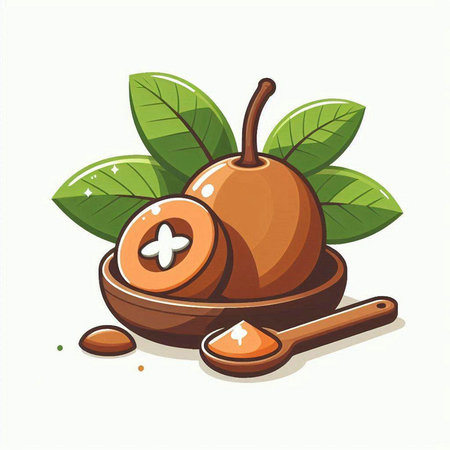 Illustration of fresh sapodilla with green leaves and wooden spoonのイラスト素材