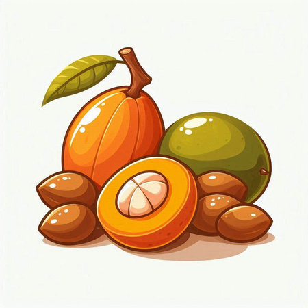 Illustration of whole and half fresh sapodilla fruits with leavesのイラスト素材