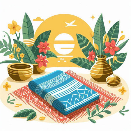 Relaxation and spa concept with towels and flowers. Vector illustrationのイラスト素材