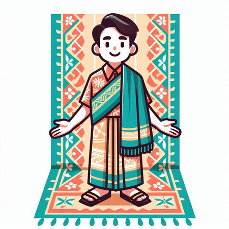 Vector illustration of Indian man in saree standing in front of carpetのイラスト素材