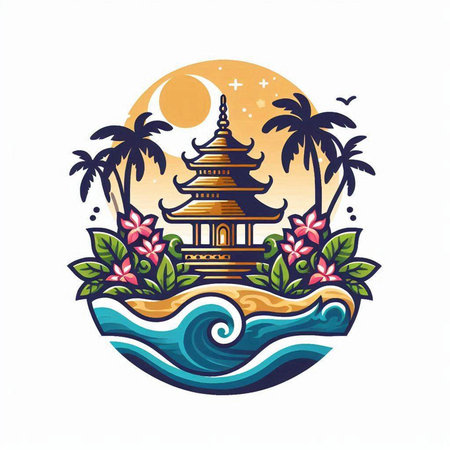 vector illustration of Chinese temple on the island with palm trees and flowersのイラスト素材