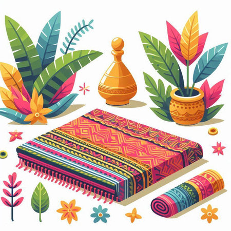 Vector illustration of a set of hand-knitted fabrics and flowersのイラスト素材