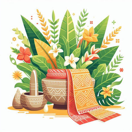 Vector illustration of traditional indian balinese utensils and flowersのイラスト素材