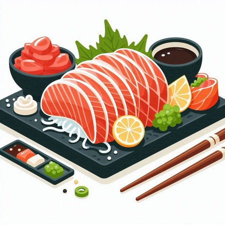Illustration of Sushi Set with Sashimi, Chopsticks and Sauceのイラスト素材