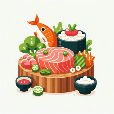 Illustration of Sushi Set with Salmon, Rice, Seafood and Vegetablesのイラスト素材