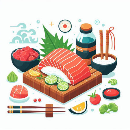 Japanese food vector illustration. Sushi set with salmon, ginger, wasabi, soy sauce, wasabi, ginger, wasabi, ginger, soy sauce and chopsticks.のイラスト素材