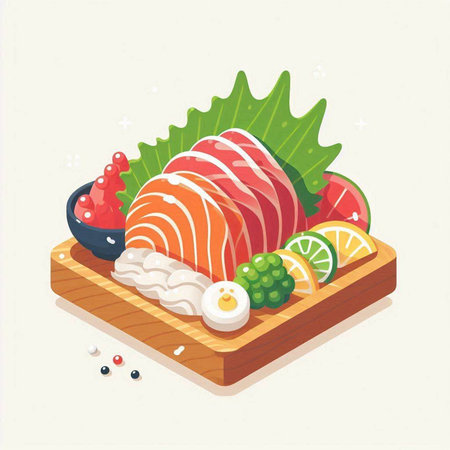 Illustration of japanese sushi on wooden board. Vector illustrationのイラスト素材