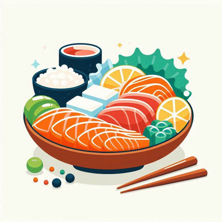 Illustration of Sushi in a bowl with chopsticks and soy sauceのイラスト素材