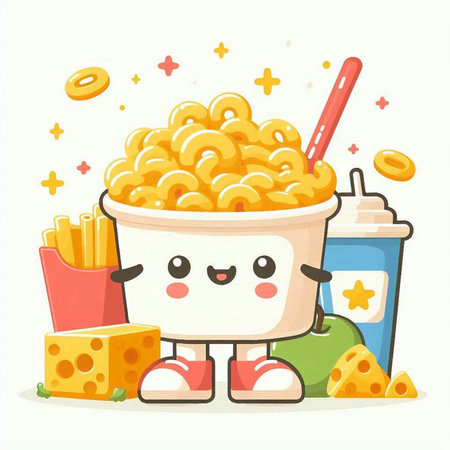 Illustration of a bowl of macaroni with cheese and french friesのイラスト素材