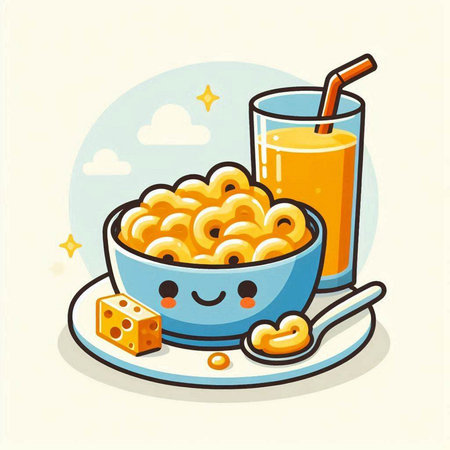 Vector illustration of a bowl of cereal and a glass of orange juiceのイラスト素材