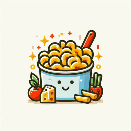 Cute macaroni in bowl with vegetables. Vector illustration.のイラスト素材