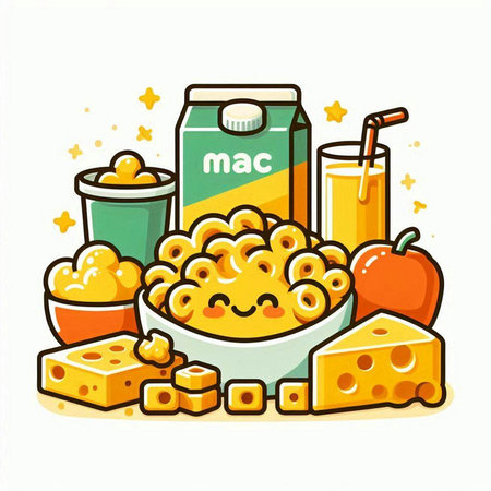 Vector illustration of a bowl of macaroni, cheese, juice and fruitsのイラスト素材