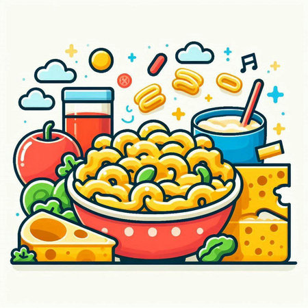 Vector illustration of a bowl of macaroni and cheese with a glass of juiceのイラスト素材