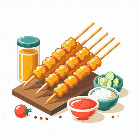 Shish kebab on skewers with sauce and lime, vector illustrationのイラスト素材
