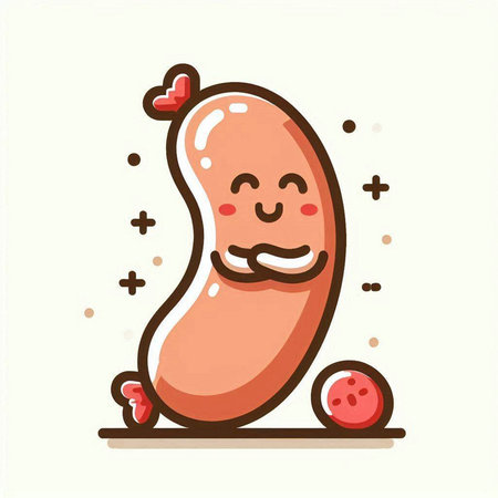 Sausage vector illustration. Cute kawaii sausage character.のイラスト素材
