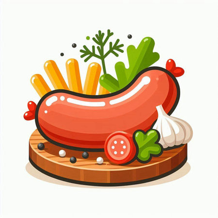 Sausage on a wooden board with vegetables and spices. Vector illustrationのイラスト素材