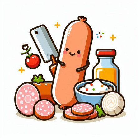 Sausage character with vegetables and spices. Cute cartoon vector illustration.のイラスト素材