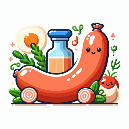 Sausage vector illustration. Cute kawaii sausage character with vegetables.のイラスト素材
