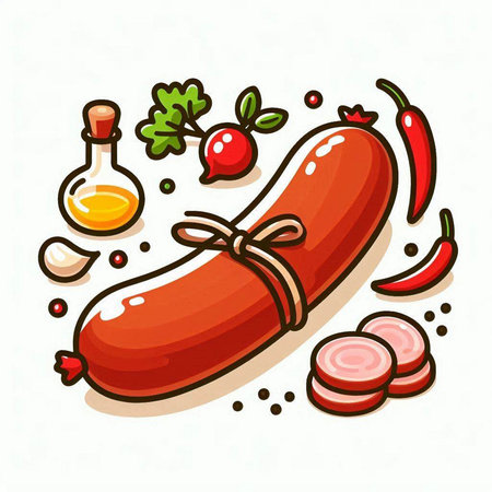 Sausage with vegetables and spices. Hand drawn vector illustration.のイラスト素材