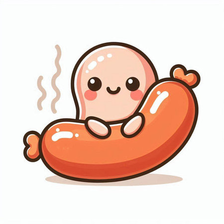 Cute sausage cartoon character. Vector illustration. Isolated on white background.のイラスト素材