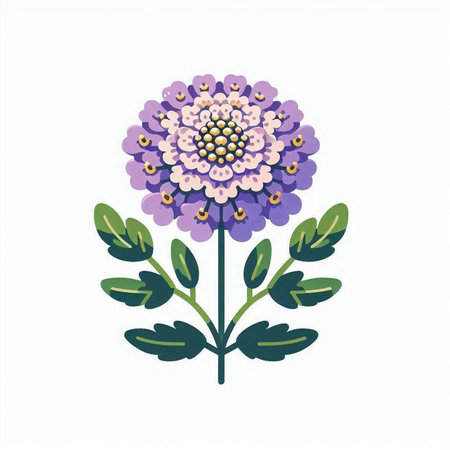 Illustration of a purple flower with green leaves on a white backgroundのイラスト素材