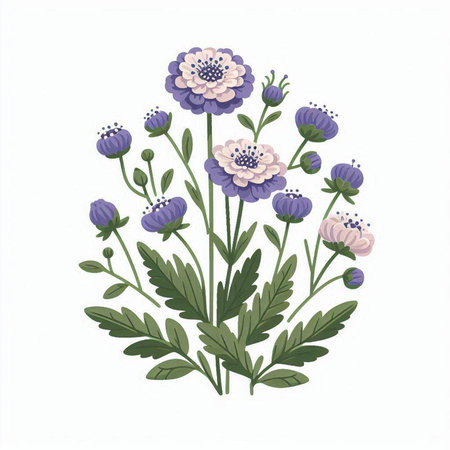 Bouquet of blue and purple flowers on a white background.のイラスト素材