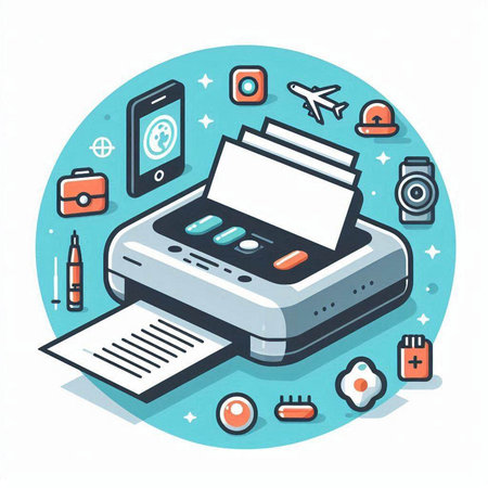 Colorful vector illustration of a modern printer, mobile phone and accessoriesのイラスト素材