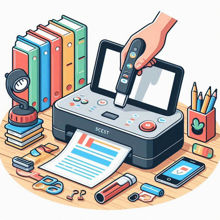 Hand with a digital printer and office supplies on the table. Vector illustration.のイラスト素材