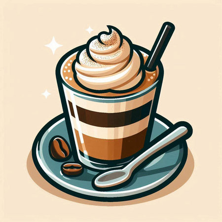 Coffee cup with whipped cream and coffee beans. Vector illustration.のイラスト素材