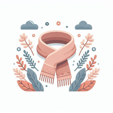 Vector illustration of a pink scarf with leaves, flowers and clouds.のイラスト素材