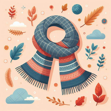 Vector illustration of a knitted scarf with autumn leaves and clouds.のイラスト素材