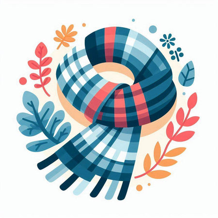 Vector illustration of winter knitted scarf with floral pattern. Flat style.のイラスト素材