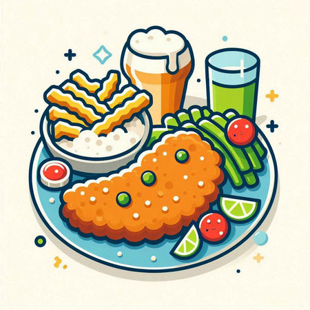 Vector illustration of fish and chips with a glass of beer on a light backgroundのイラスト素材