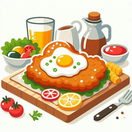 Fried eggs with vegetables and sauce on a wooden board. Vector illustration.のイラスト素材