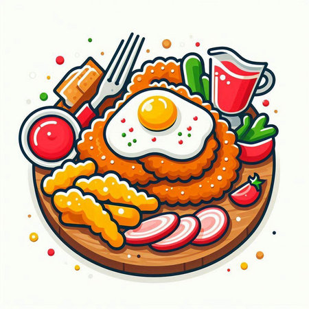Fried egg with vegetables on a wooden board. Vector illustration.のイラスト素材