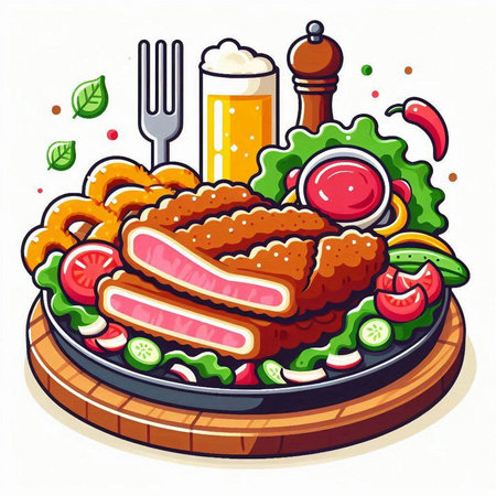 Fried pork cutlet with vegetables and beer. Vector illustration.のイラスト素材